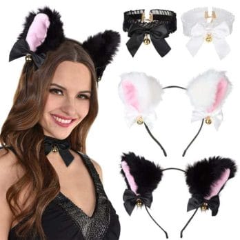 1set Cat Ears Bow Headband Necklace Cosplay Rabbit Ear Plush Bell Hairband Women Girl Masquerade Party Headwear Hair Accessories 2