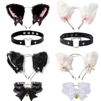 1set Cat Ears Bow Headband Necklace Cosplay Rabbit Ear Plush Bell Hairband Women Girl Masquerade Party Headwear Hair Accessories 1